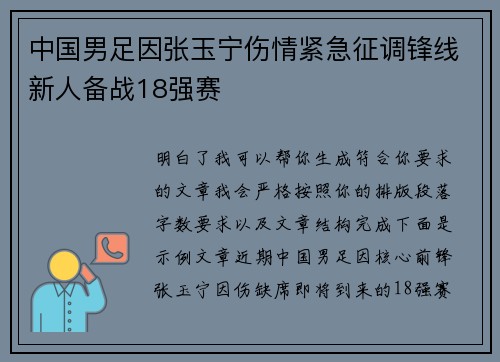中国男足因张玉宁伤情紧急征调锋线新人备战18强赛