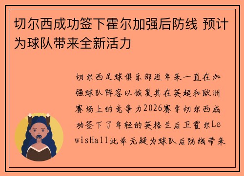 切尔西成功签下霍尔加强后防线 预计为球队带来全新活力