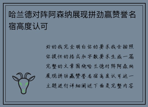 哈兰德对阵阿森纳展现拼劲赢赞誉名宿高度认可