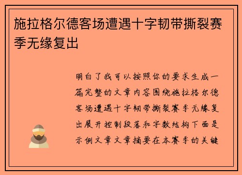 施拉格尔德客场遭遇十字韧带撕裂赛季无缘复出