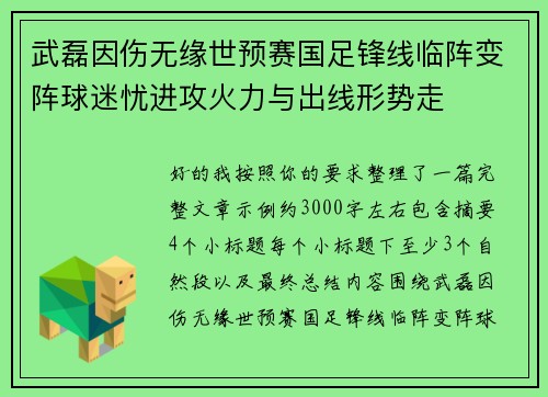 武磊因伤无缘世预赛国足锋线临阵变阵球迷忧进攻火力与出线形势走