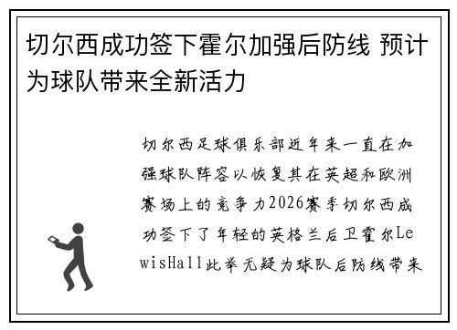 切尔西成功签下霍尔加强后防线 预计为球队带来全新活力