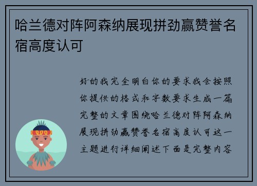 哈兰德对阵阿森纳展现拼劲赢赞誉名宿高度认可